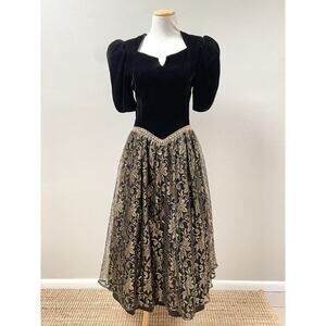 Jessica McClintock Bridal Vintage Black Gold Velvet Lace Formal Dress, Women's 8